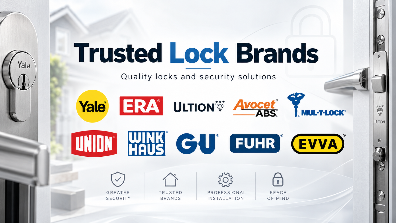 Trusted UK lock brands including Yale, ERA, Ultion, Avocet ABS, Mul-T-Lock, Union, Winkhaus, GU, FUHR and EVVA, featured by 151 Locksmiths Limited.